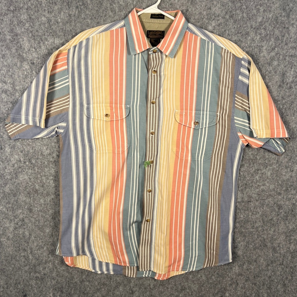 Eddie Bauer Men's XL Rufton Twill Short Sleeve Striped Button Down Shirt Multi